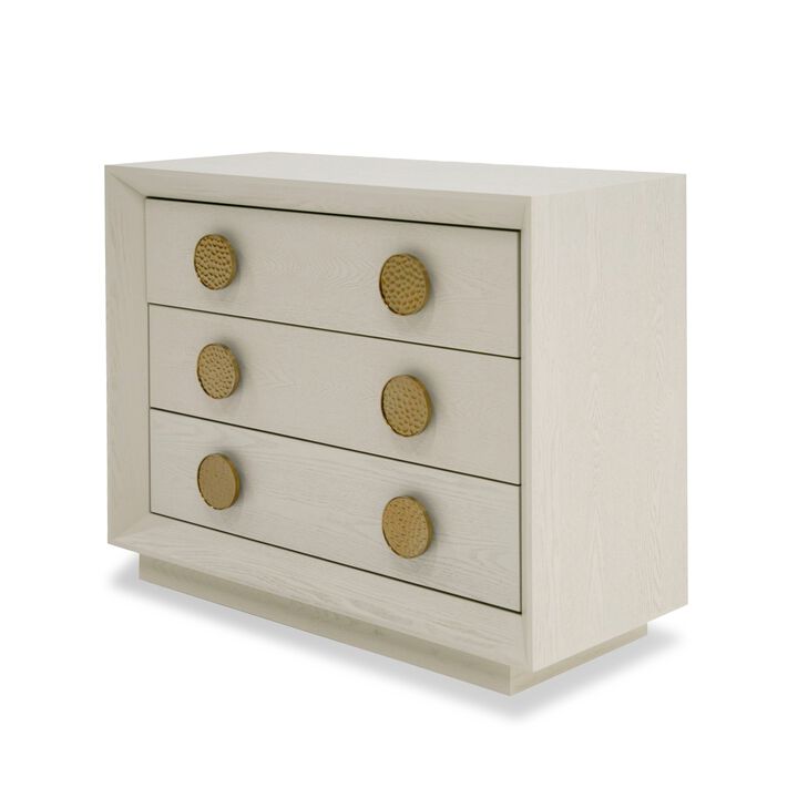 Cid Jorie 39 Inch Nightstand, 3 Drawers, Cream White Wood, Steel Handles
