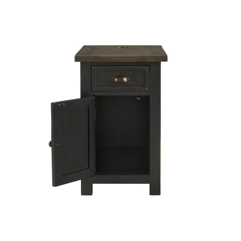 Fiya 25 Inch Chairside End Table Cabinet, Drawer, USB Ports, Black, Brown-Benzara