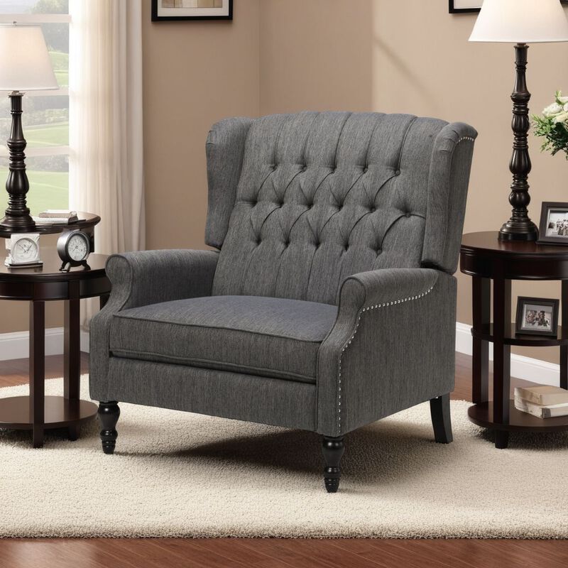Jade Oversize Wide Chair Manual Recliner, Dark Gray Button Tuft - Benzara