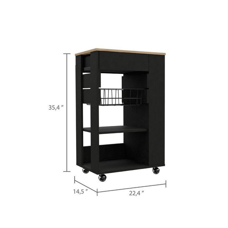 DEPOT E-SHOP Rosemont Kitchen Cart, Two Open Shelves, Rack, Four Caster Wheels, One Drawer-Black-Light Oak, For Kitchen