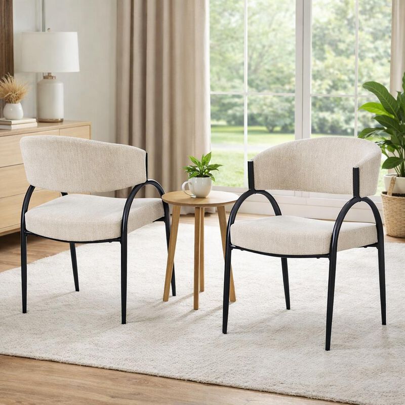 Dining Chair Set of 2, Beige Fabric Cushions, Arched Black Metal Legs image number 8