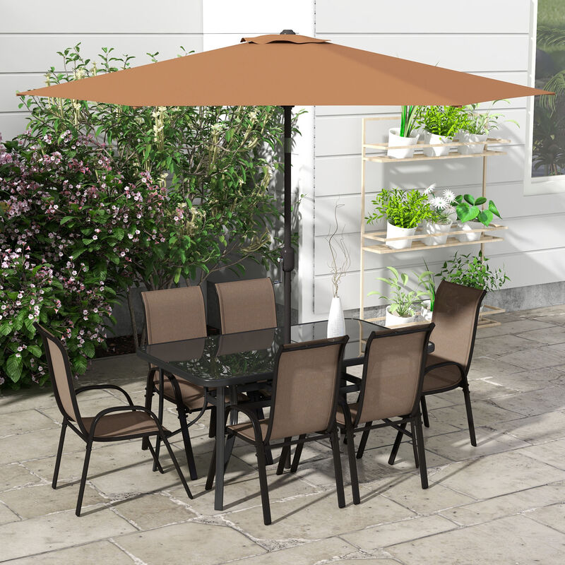 Outsunny 8 Pieces Patio Furniture Set with 9Ft Patio Umbrella, Outdoor Dining Table and Chairs, 6 Chairs, Push Button Tilt and Crank Parasol, Tempered Glass Top, Mixed Brown