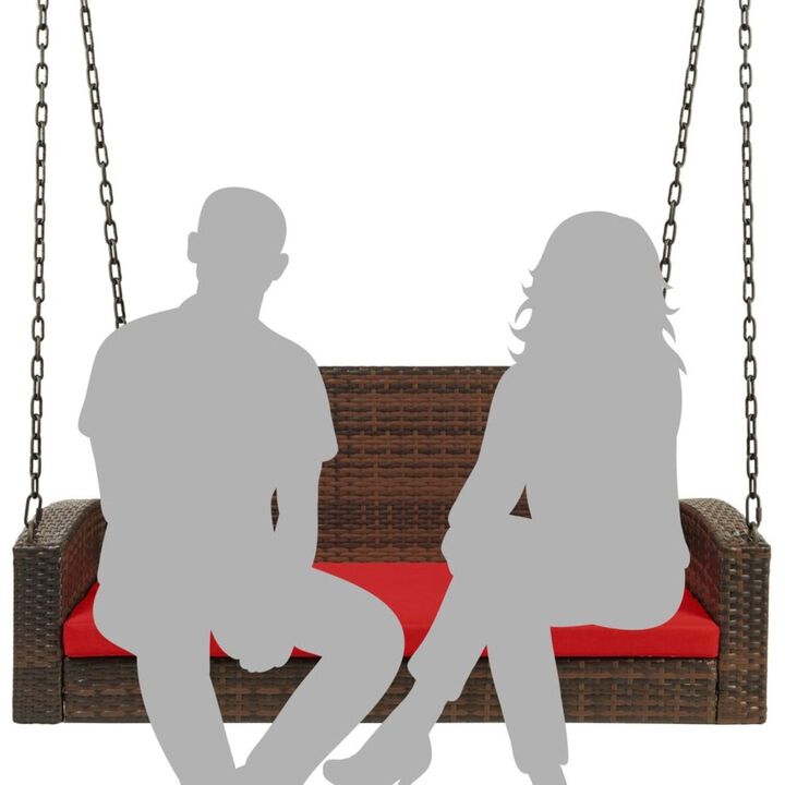 Hivvago Brown Wicker Hanging Patio Porch Swing Bench w/ Mounting Chains and Red Seat Cushion