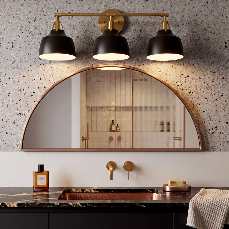 Black and Gold Bathroom Vanity Light, Three-Light Metal Bell Shades image number 4