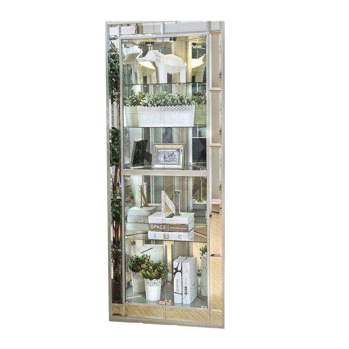 Wood and Glass Corner Curio Cabinet with Five Shelves, Silver - Benzara