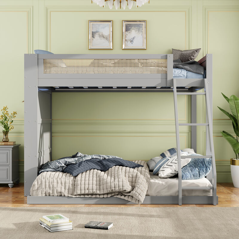 Merax Twin over Full Bunk Bed with Rattan Guardrail, LED Light & 4-Tier Side Bookshelf image number 2