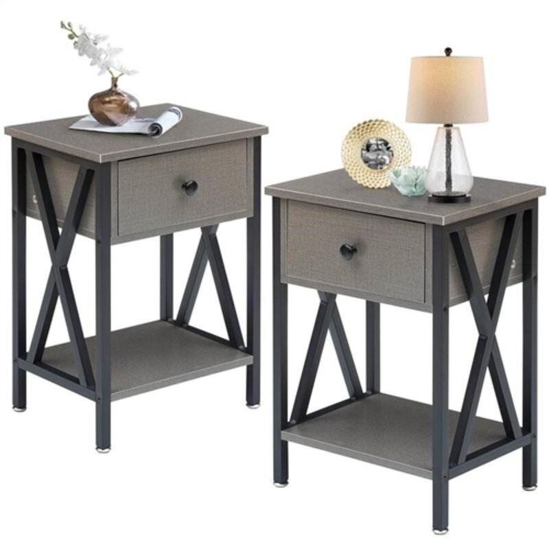 Hivvago Set of 2   1 Drawer Nightstand in Grey and Black Wood Finish