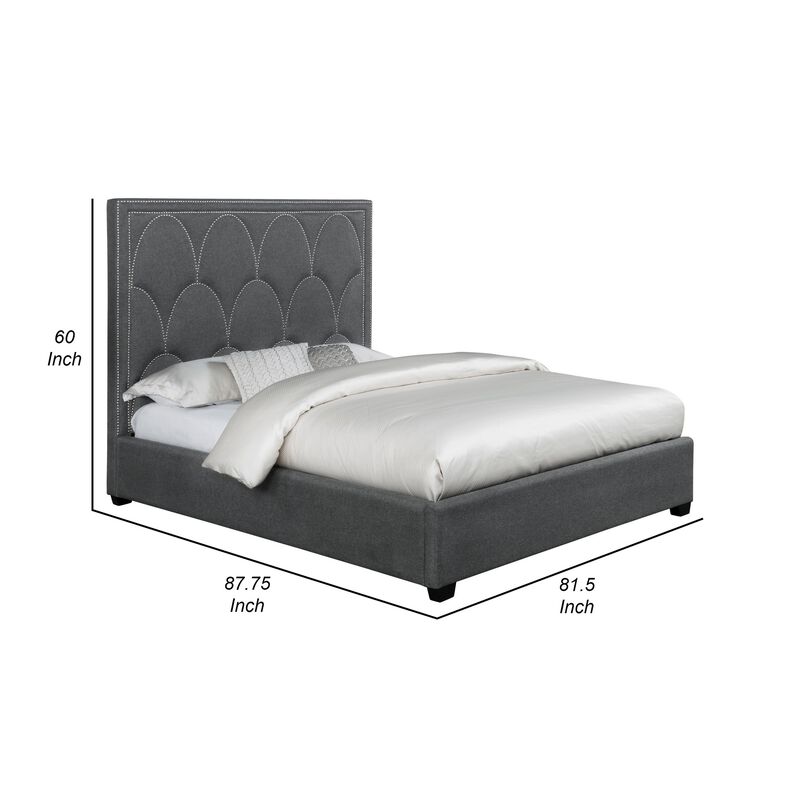 Bima King Size Bed, Scalloped, Nailhead Trim, Gray Fabric Upholstered - Benzara