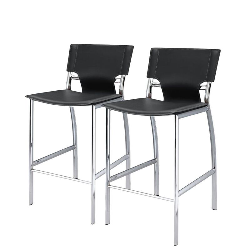 Hivvago Set of Two 25 Inch Black and Silver Faux Leather and Metal Low Back Counter Height Bar Chairs