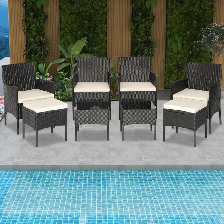 Hivvago 8 Pieces Patio Wicker Conversation Set with 2 Coffee Tables and 2 Ottomans