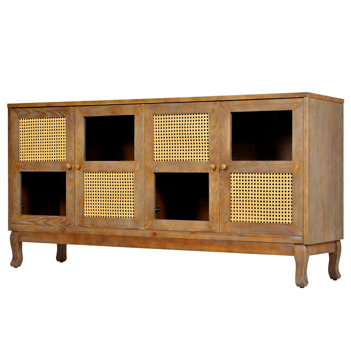 TATEUS Retro 4-Door Sideboard with Artificial Rattan Doors & Transparent Glass for Multi-Room Storage