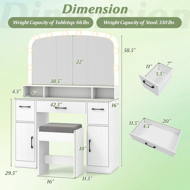 Makeup Vanity Table with Stool 3 Color Lighting and Charging Station image number 2
