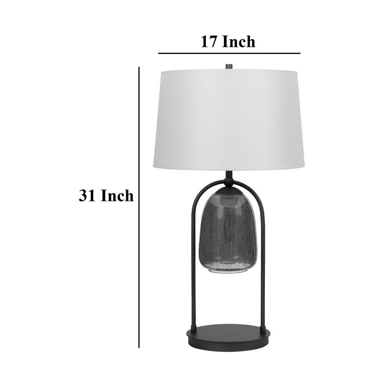 31 Inch Table Lamp, Crackled Black Glass w Night Light, White Shade - Benzara