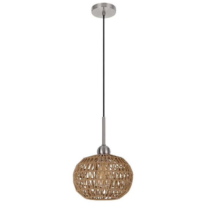 10 Inch Dia. Pendant Ceiling Light Fixture, Rope Woven Shade, Brown, Chrome-Benzara