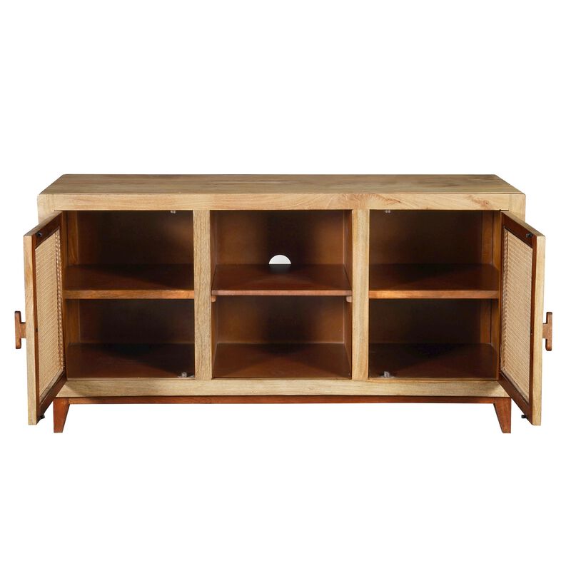 Aru 58 Inch Sideboard Buffet Cabinet, 2 Cane Doors n Open Shelves, 2 Tone Antique Brown Mango Wood image number 2