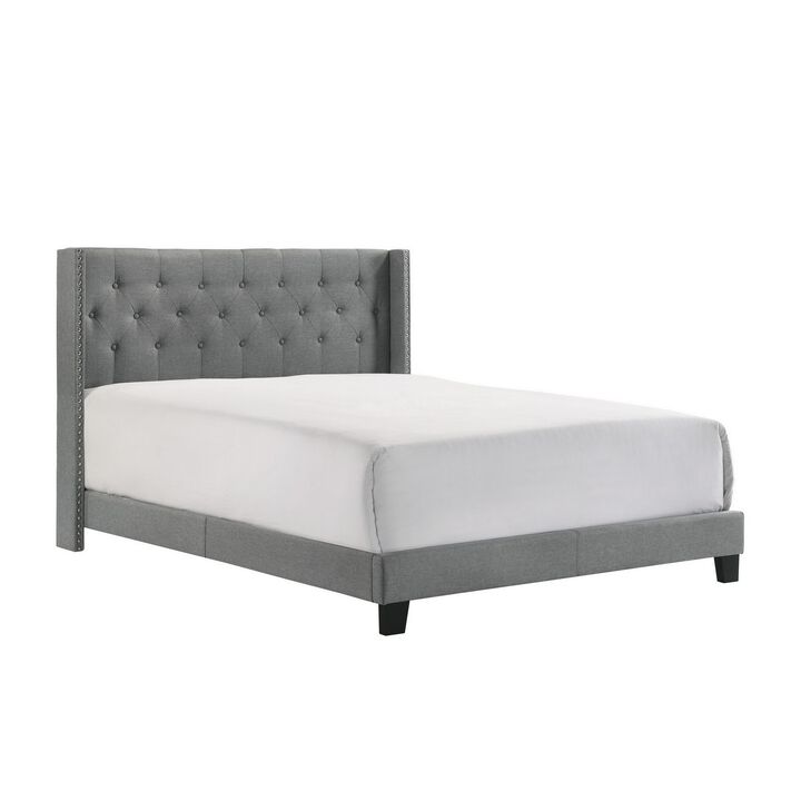 Lih Full Bed, Tufted Headboard, Wood Frame, Fabric, Black Legs, Gray - Benzara