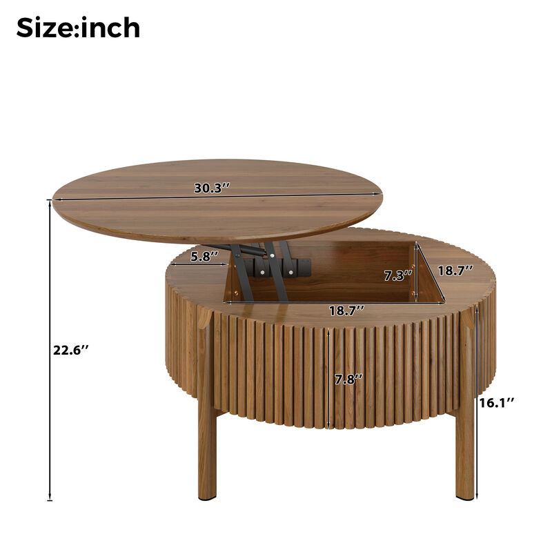 Whisen 30.3" Round Lift Top Coffee Table, Solid Wood Hidden Storage Modern Farmhouse Center Table for Living Room image number 9