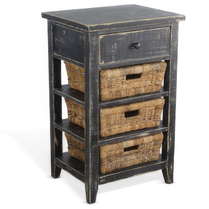 Rena End Table, 3 Natural Rattan Storage Baskets, 20 Inch Black Wood