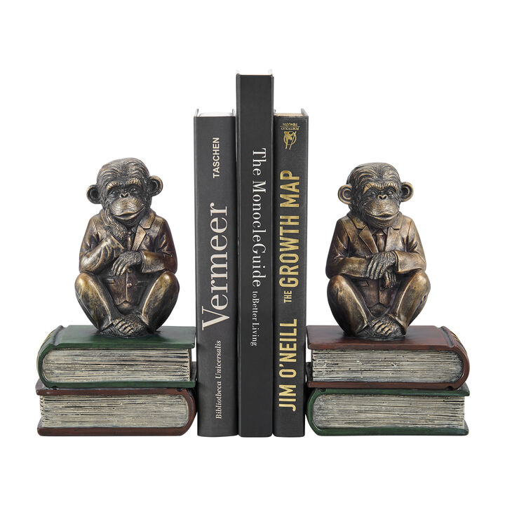 Danya B. Monkeys on Books Polyresin Antique Patina Finish Bookend Set of 2