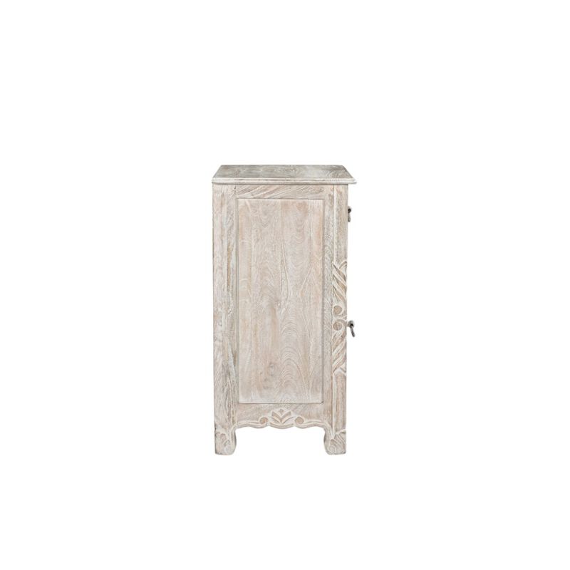 HomeRoots 30" Distressed White One Drawer Carved Floral Solid Wood Nightstand image number 4