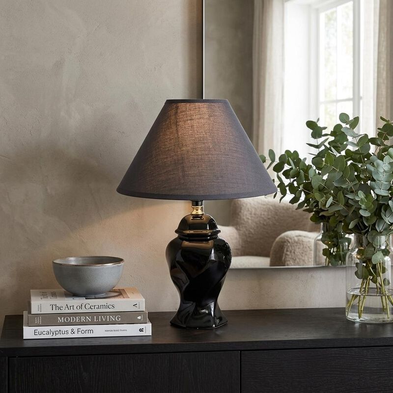 HomeRoots 13" Black Ceramic Bedside Table Lamp With Black Shade image number 1