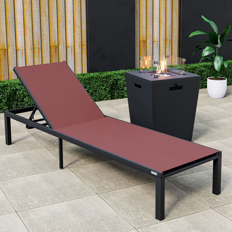 LeisureMod Marlin Modern Black Aluminum Outdoor Patio Chaise Lounge Chair in Black Frame with Square Fire Pit Side Table