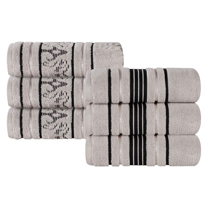 6 Piece Zero Twist Cotton Hand Towel Set, Solid and Floral Patterns