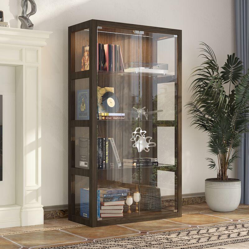 FUFU&GAGA Walnut Grain Glass Display Cabinet with Adjustable Tricolor LED Light, 4 Tempered Glass Shelves, Push-to-Open Door - 34.8" W x 15.7" D x 63" H, Walnut Brown
