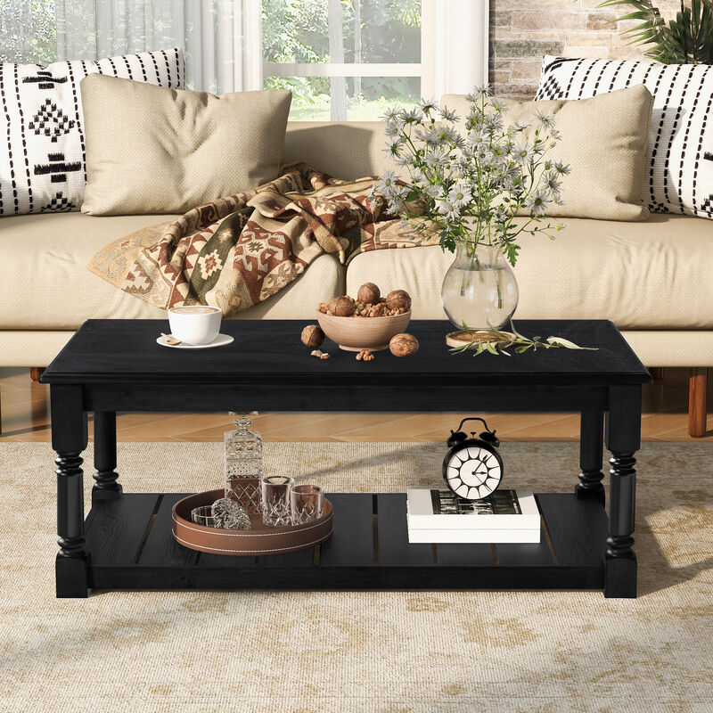 Merax Two-Tier Farmhouse Coffee Table with Spacious Top & Lower Shelf, Sturdy Wood Construction image number 2