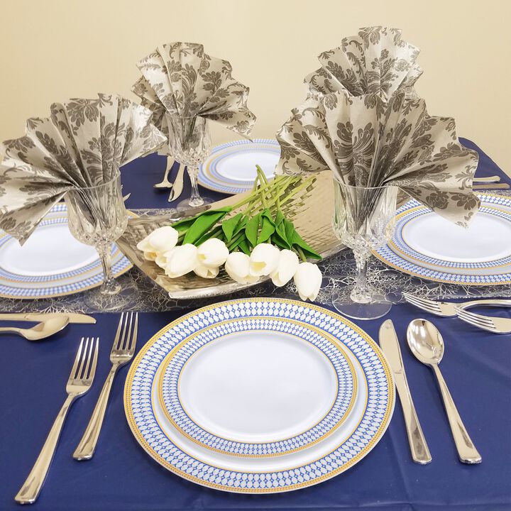 White with Blue and Gold Chord Rim Plastic Dinnerware Value Set (40 Sets)