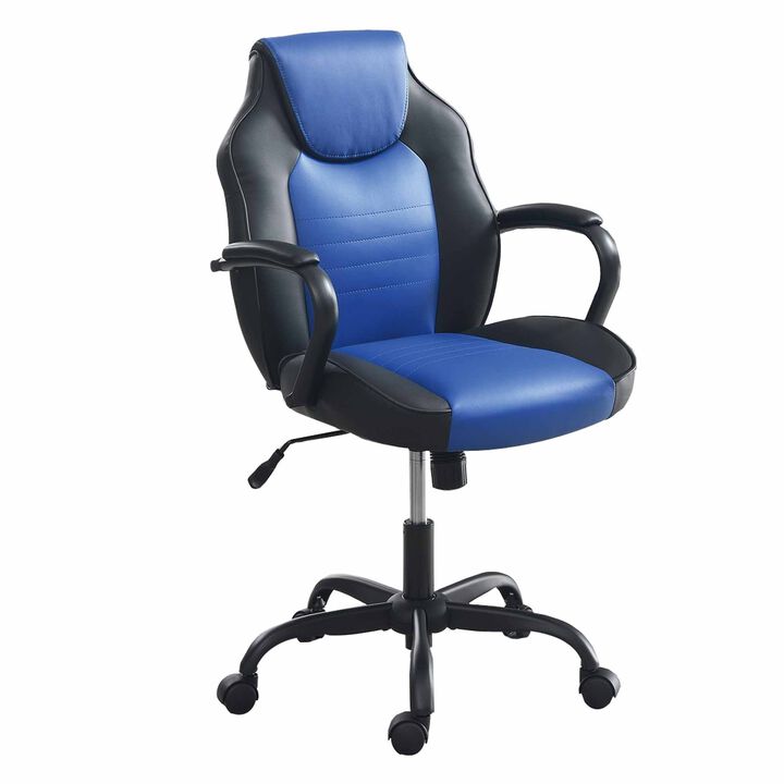 Rue 27 Inch Ergonomic Office Chair, Faux Leather Swivel Seat, Black, Blue - Benzara