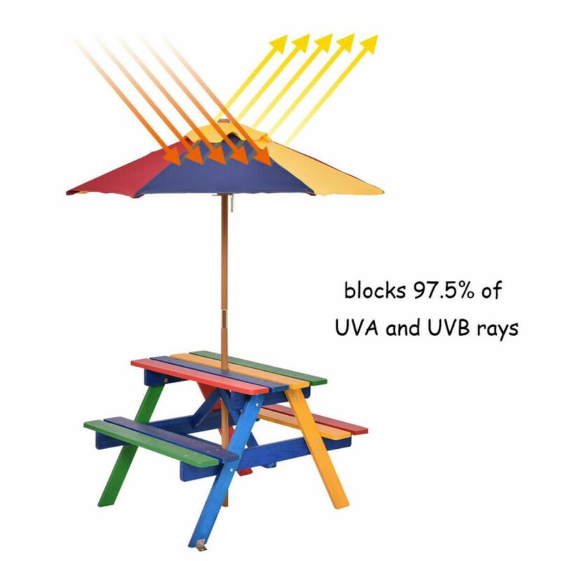 Hivvago Outdoor 4-Seat Kids Picnic Table Bench Set with Removable Umbrella