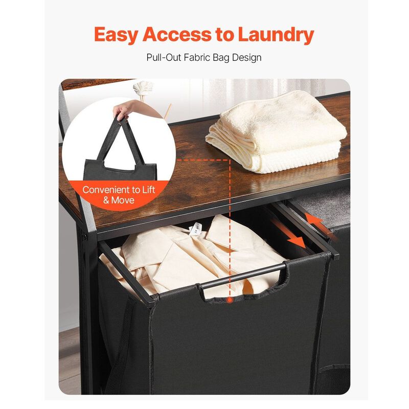 2 Section Rolling Laundry Sorter with Shelves, Oxford Cloth Bags and Wooden Top-Black image number 5