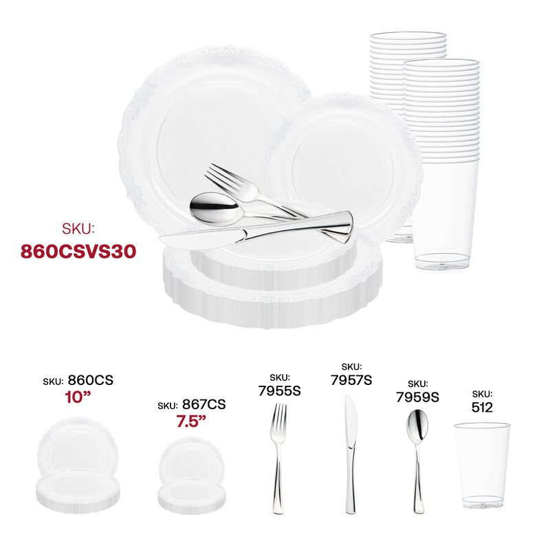 Clear with Silver Vintage Rim Round Plastic Wedding Value Set (30 Sets) image number 5