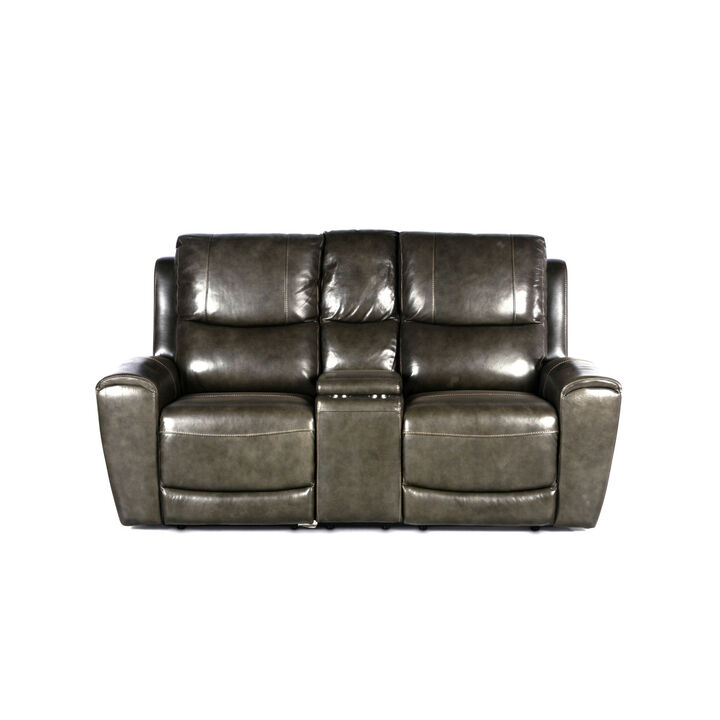 Leather Power Reclining Loveseat with Console - Contemporary Style, Dual Reclining Seats - USB Charging, Hidden Storage