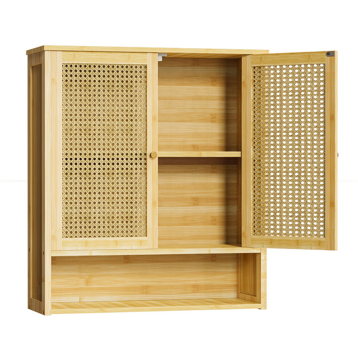 Bathroom Cabinet Wall Mounted, Bamboo Over-The-Toilet Storage Organizer 2 Door