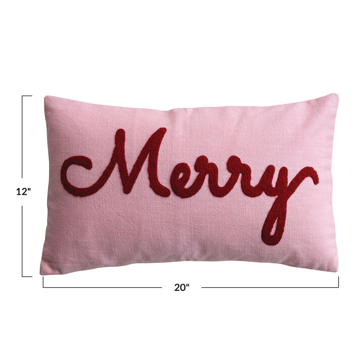 Embroidered Cotton Slub Lumbar Pillow, Merry Script