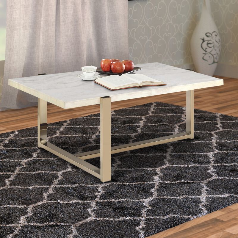Modern Metal Framed Coffee Table with Faux Marble Top, White and Gold-Benzara