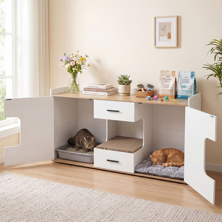 Multi Functional Wooden Cat House Cabinet with Wide Top 2 Drawers and 2 Door Storage for Cats