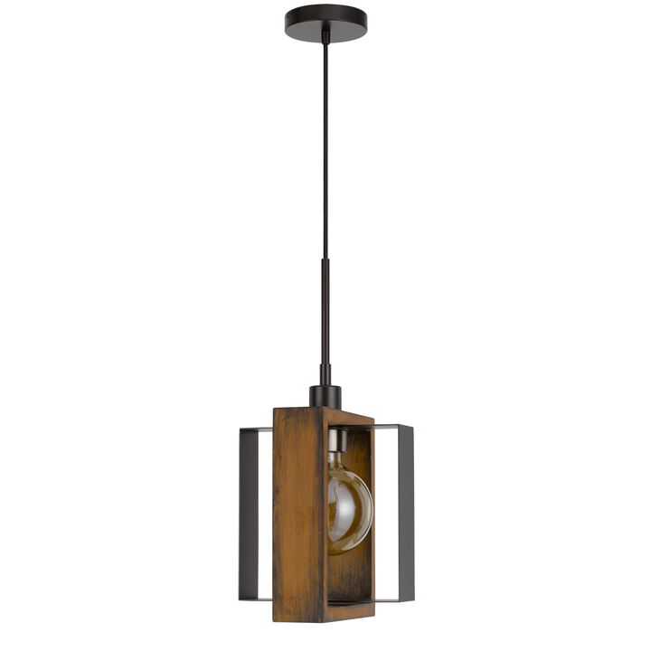 Gen 9 Inch Mini Pendant Light Fixture w Bulb, Black Metal, Pine Wood - Benzara
