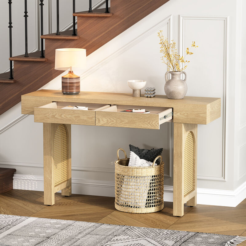 Clihome Narrow Console Table with Rattan Accent, Natural Wood Finish Entryway Table with Storage Drawers, Stylish Rustic Sofa Table for Living Room and Hallway