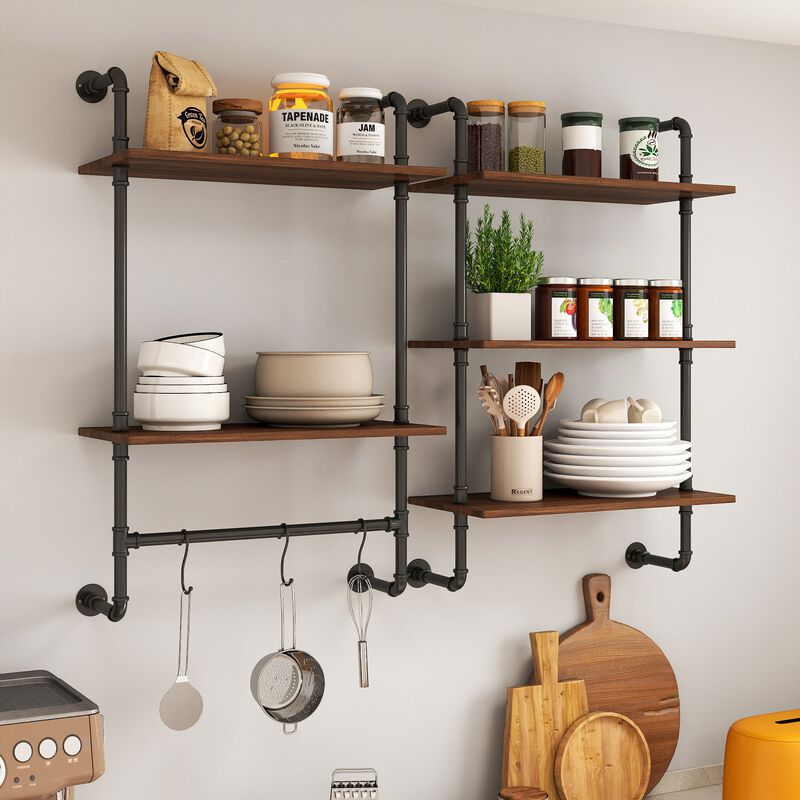 Clihome Industrial Pipe 36in Shelf, 3 Tier and 2 Tier Wood Wall Mounted Display Shelves image number 2