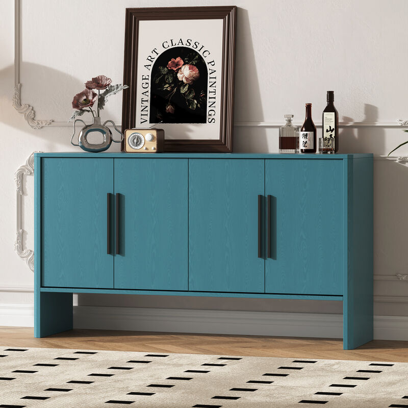 Clihome Sideboard Buffet Cabinet with Storage, Retro Sideboard Cabinet with Adjustable Shelves and Long Handles, 4-Door Wood Sideboard for Kitchen, Dining Room and Living Room (Antique Blue)