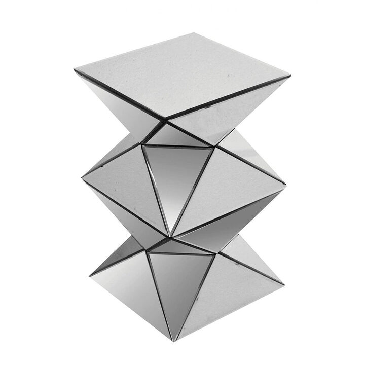 20 Inch Modern End Table, Square Mirror Top, Silver Geometric Pedestal Base