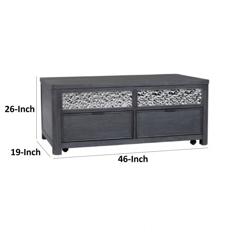 Zoko Lift Top Coffee Table w Wheels, 2 Drawers, Ash Gray Wood, 46 Inch - Benzara