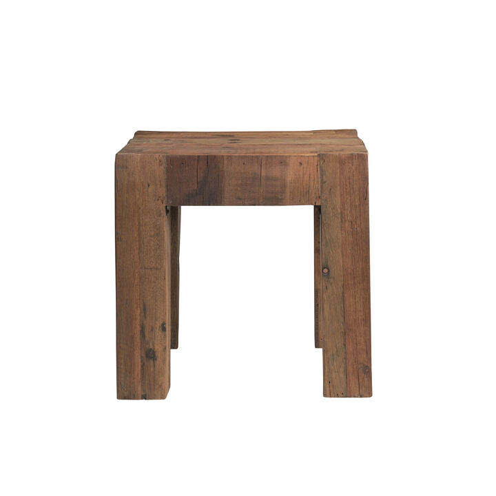 Kiosk Side End Table, Reclaimed Wood, Rustic Brown Finish, Chunky Block Legs, 20 Inch