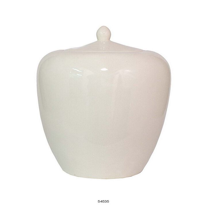 19 Inch Decorative Jar with Lid, Contemporary Style Rounded White Ceramic - Benzara