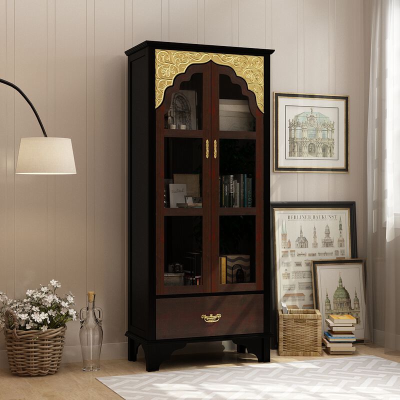 FUFU&GAGA Classic Display Bookcase with Glass Doors & Drawer, Solid Wood Front & Ornate Golden Details, (31.5 in. W x 15.7 in. D x 70.9 in. H), Black and Gold