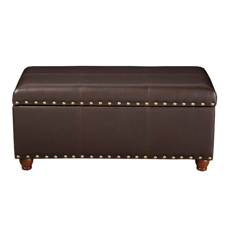 Leatherette Upholstered Wooden Storage Bench with Nail Head Trim Accent, Espresso Brown image number 2