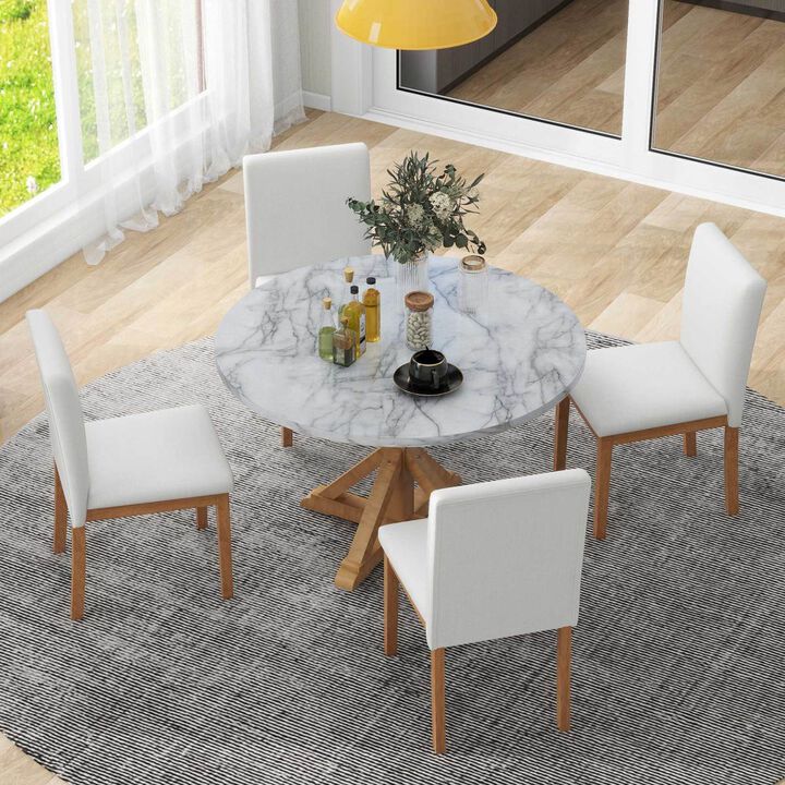 5Piece Farmhouse Style Dining Table Set, Marble Sticker and Cross Bracket Pedestal Dining Table, and 4 Upholstered Chairs (White+Walnut)